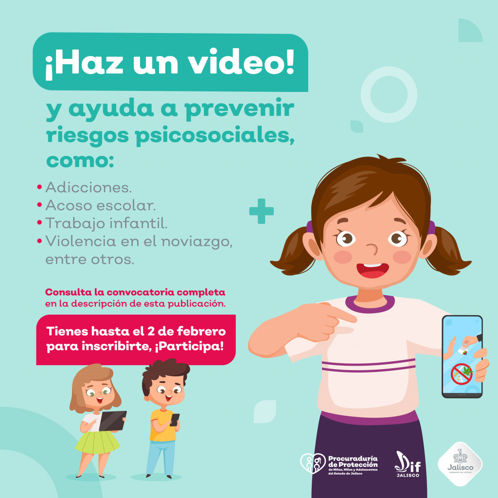 Postal gráfica con ilustración de niñas y niños utilizando un dispositivo móvil invitando a la realización del video